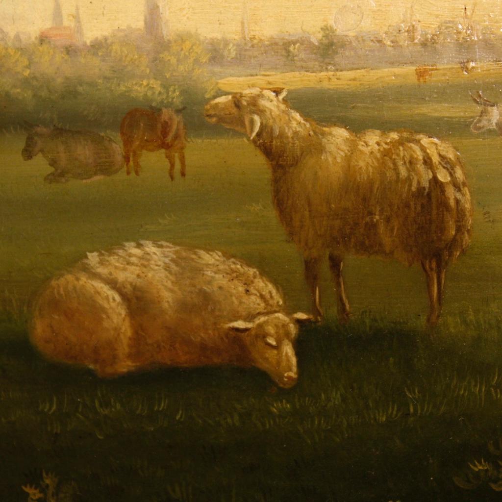 19th Century Oil on Panel Flemish Painting Landscape with Cows, 1870 In Good Condition In Vicoforte, Piedmont