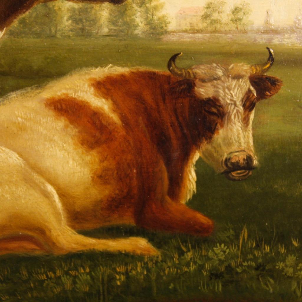 19. Jahrhundert Öl auf Platte Flämische Malerei Landschaft mit Kühen, 1870 3
