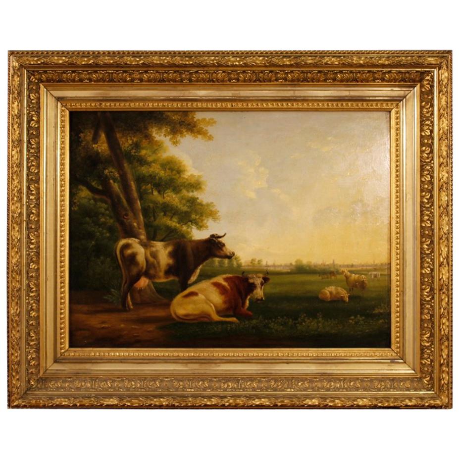 19th Century Oil on Panel Flemish Painting Landscape with Cows, 1870