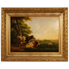 19th Century Oil on Panel Flemish Painting Landscape with Cows, 1870
