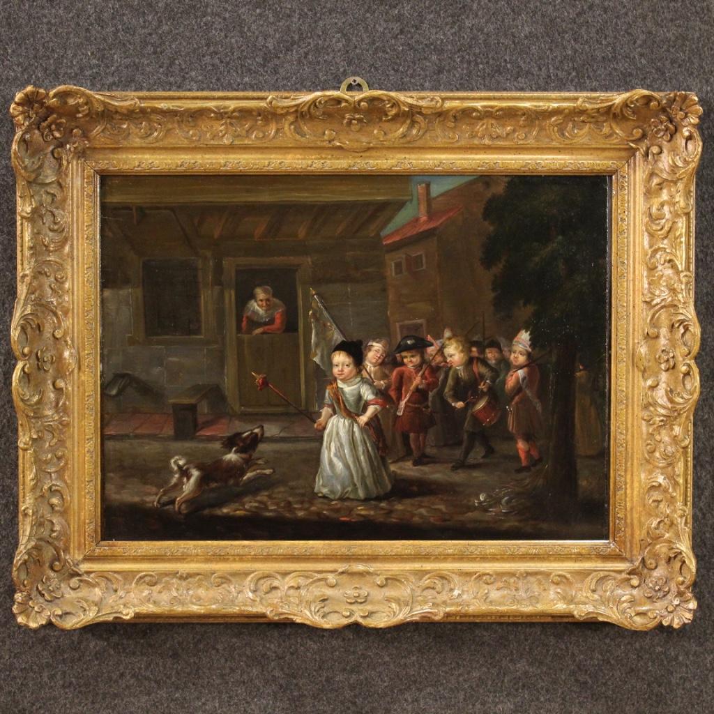 Antique German painting from the 19th century. Framework oil on panel depicting a particular subject of popular scene Games of children of good pictorial quality. Small painting, for antique dealers, interior decorators and collectors of antique