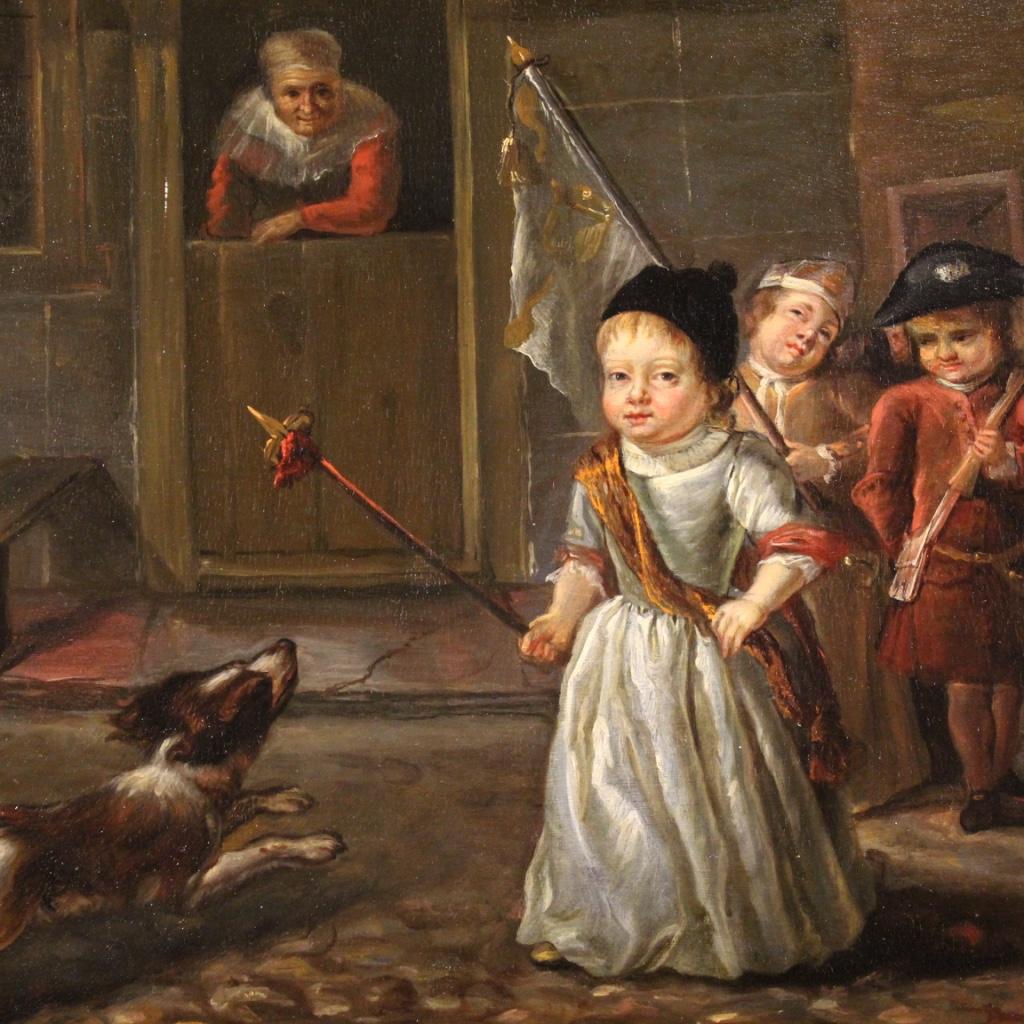 19th Century Oil on Panel German Painting Popular Scene Games of Children, 1850 1