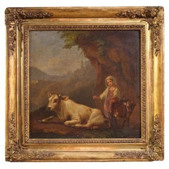 19th-Century Oil-on-Panel Italian Bucolic Landscape Painting, 1830