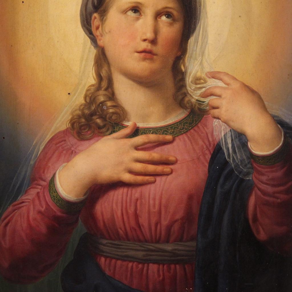 siglo XIX Óleo sobre tabla Pintura italiana Virgen María en contemplación, 1830 en Bueno estado para la venta en Vicoforte, Piedmont