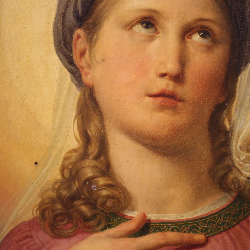 siglo XIX Óleo sobre tabla Pintura italiana Virgen María en contemplación, 1830 Mid-19th Century en venta