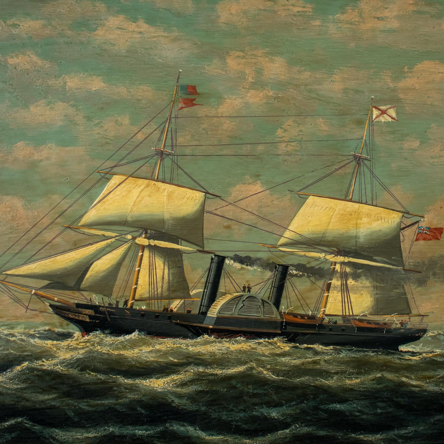 Huile sur panneau du 19e siècle représentant le navire à vapeur LA PLATA appartenant à la Royal Mail Steam Packet Company.

Inscrit au verso 