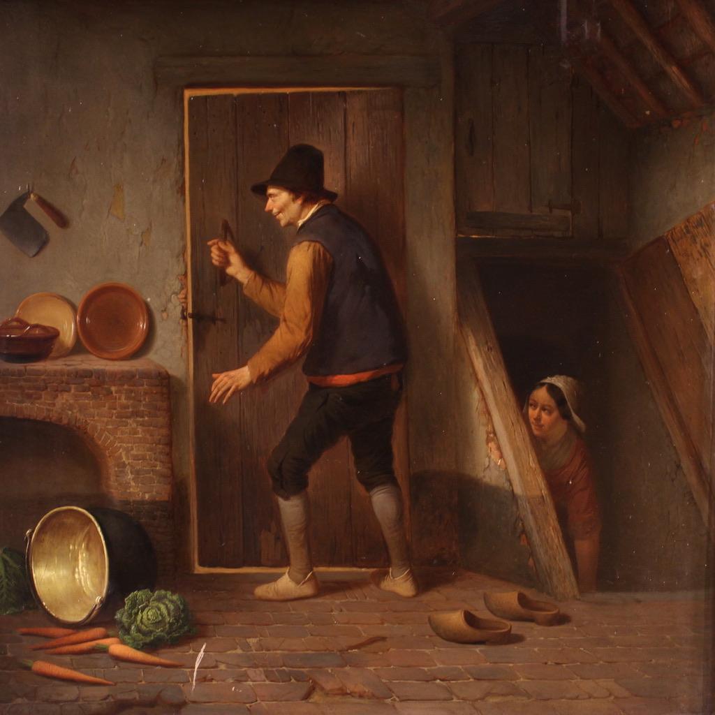 Flemish painting from the mid-19th century. Oil on panel artwork depicting an interior scene with characters, The Joke, of excellent pictorial quality. Painting signed lower left (see photo) referable to the painter Charles Venneman (1802-1875),