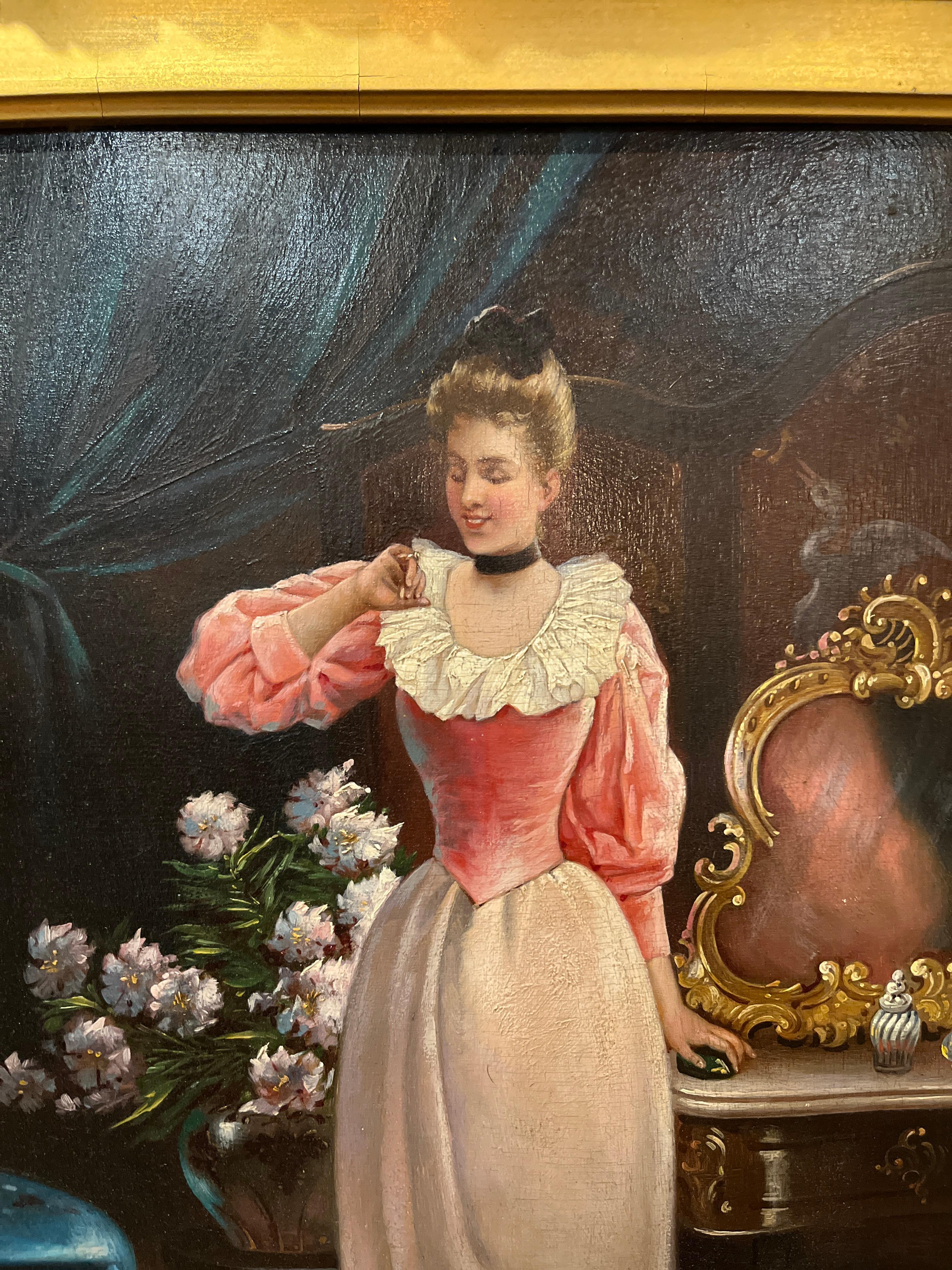 Victorian 19th Century Oil on Panel Woman Admiring a Ring By F.R. Alison For Sale