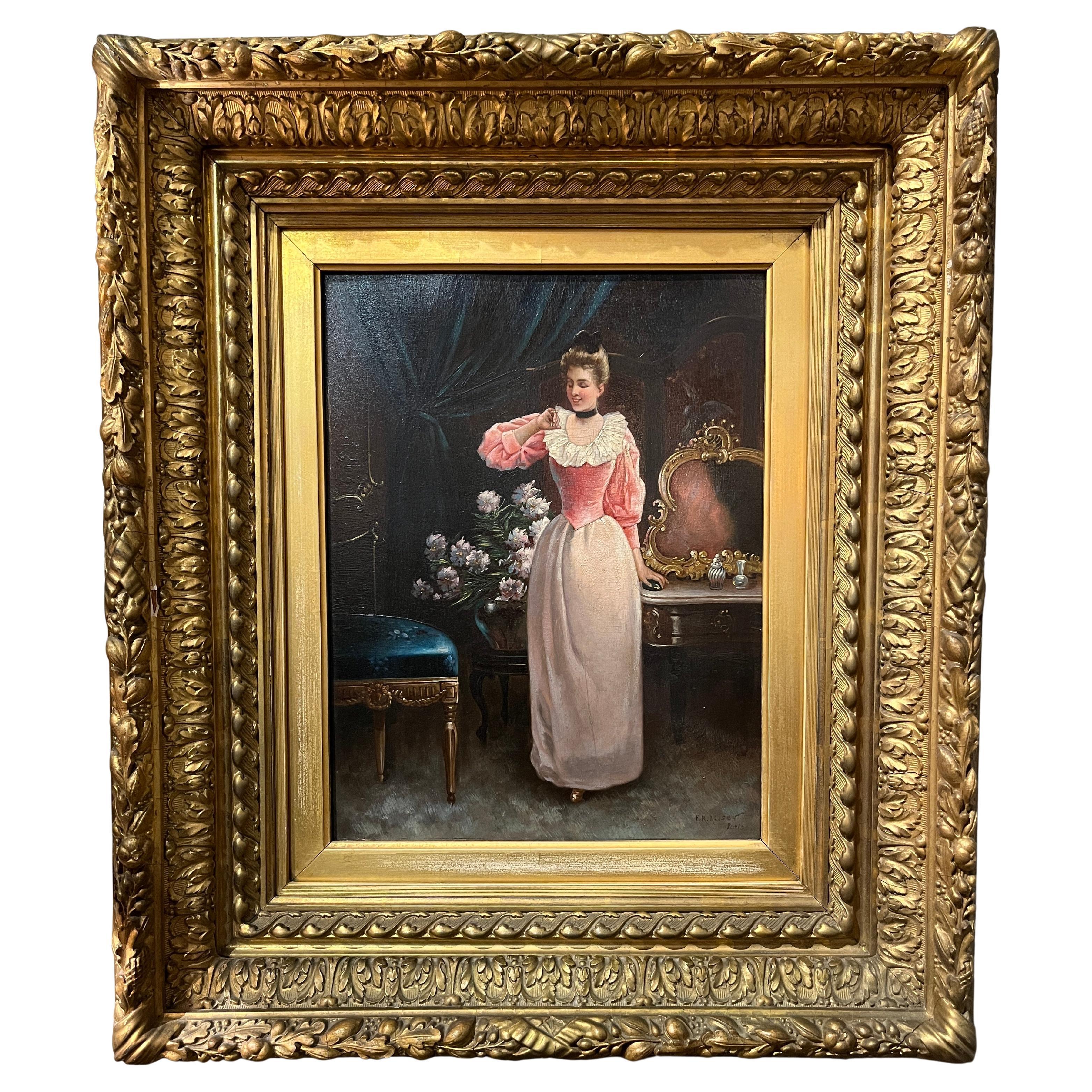 Olio su pannello del XIX secolo Donna che ammira un anello di F. R. F. Alison