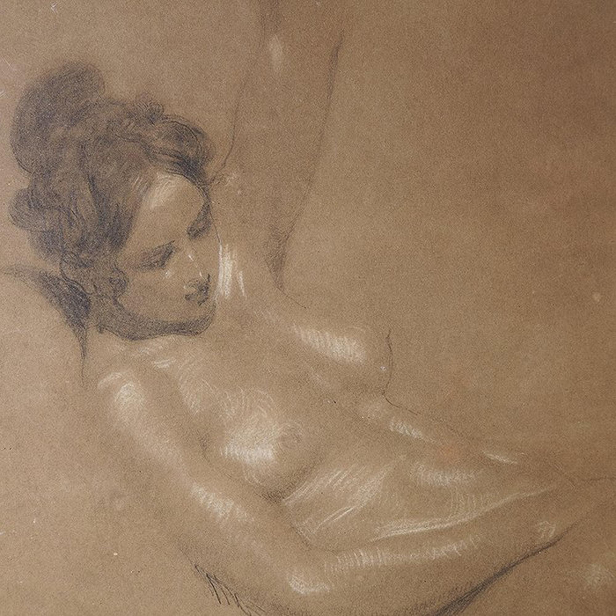 Oiled 19th-century oil-on-paper drawing '' Female nude study '' English school For Sale