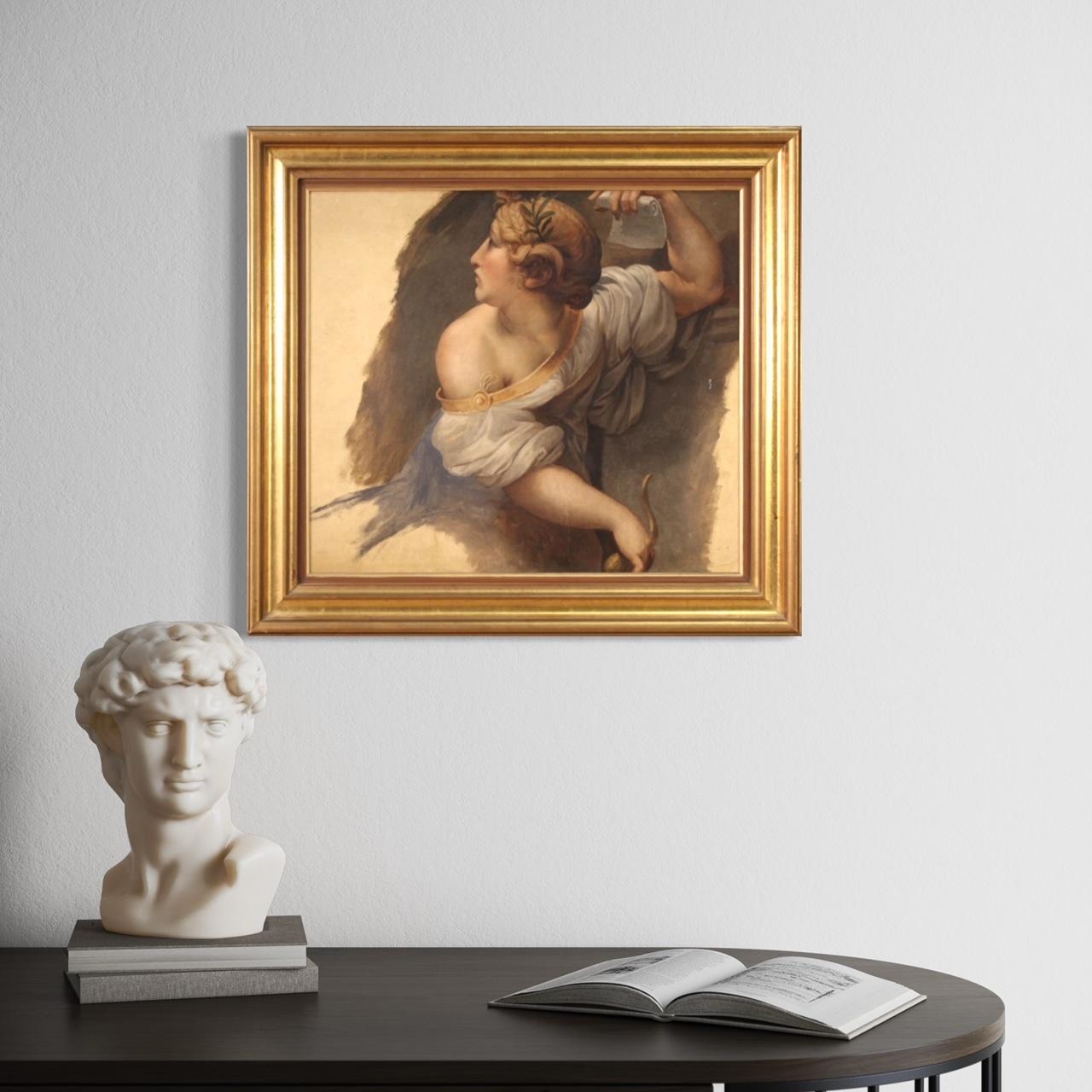 Pintura francesa antigua de la segunda mitad del siglo XIX. Obra de arte al óleo sobre papel aplicado sobre lienzo que representa a una joven, Sibila de buena calidad pictórica. Marco moderno en madera y yeso, tallado y dorado, de bella decoración.