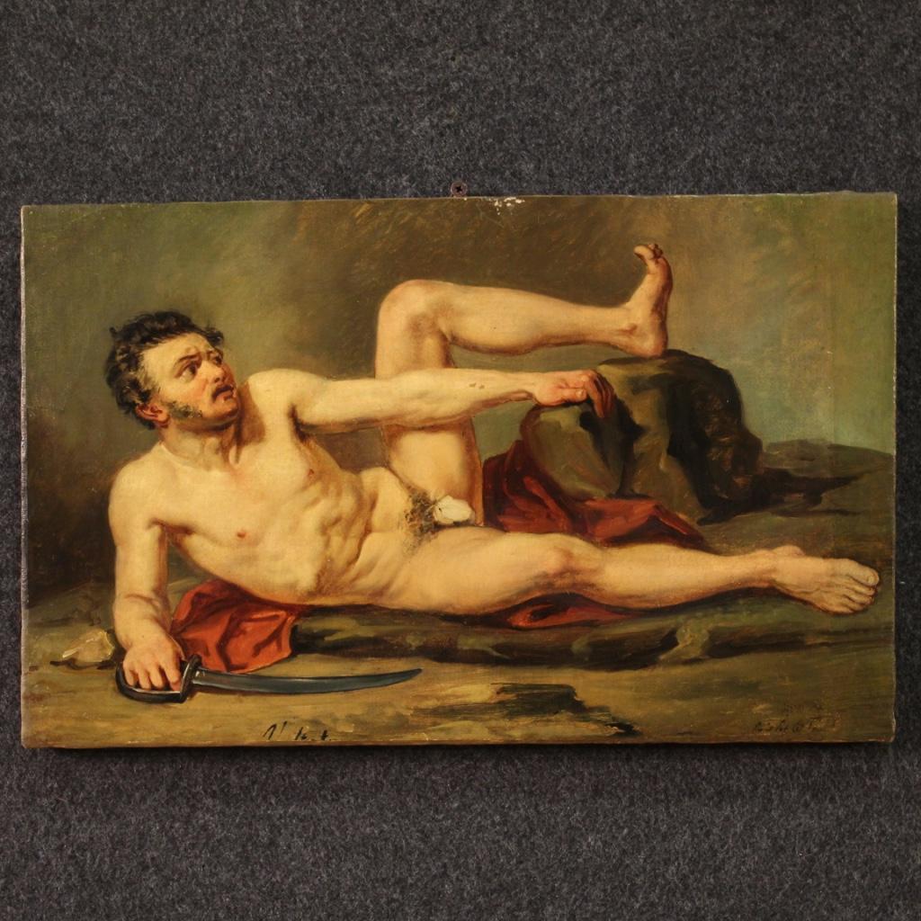 Antique French painting from the second half of the 19th century. Artwork oil on paper applied on canvas depicting a study of a male nude, a character with a sword of good pictorial quality. Painting that focuses on the protagonist's body and on his