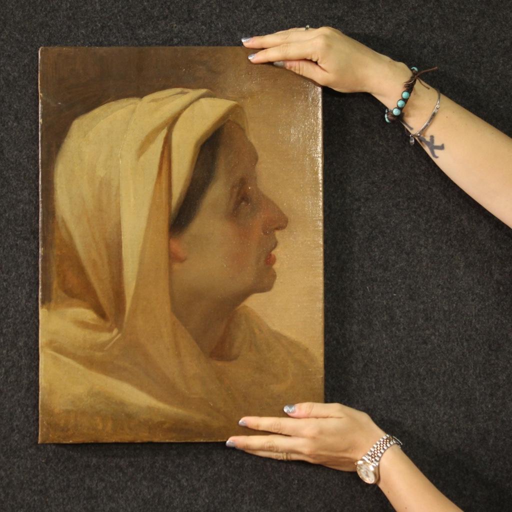 19th Century Oil on Paper Italian Antique Painting Woman Portrait, 1880 8