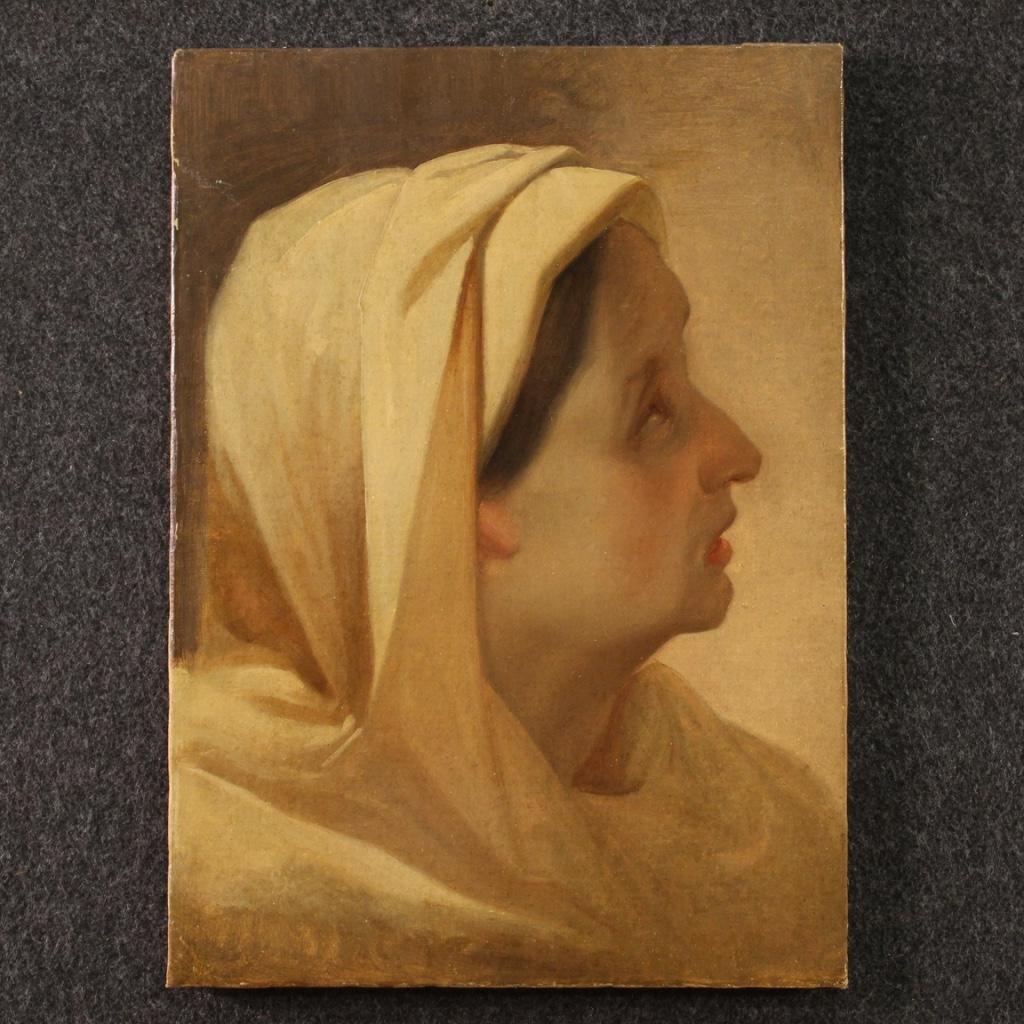 Antique Italian painting from the second half of the 19th century. Artwork oil on paper applied on canvas depicting a study of a female head of good pictorial quality. Painting that focuses on the veil and the profile of the lady with a light
