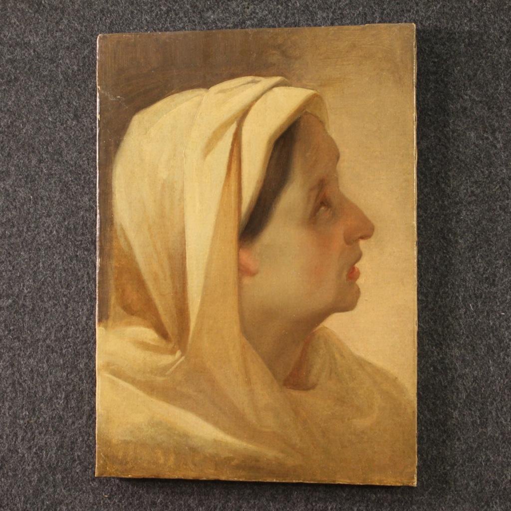 19th Century Oil on Paper Italian Antique Painting Woman Portrait, 1880 2
