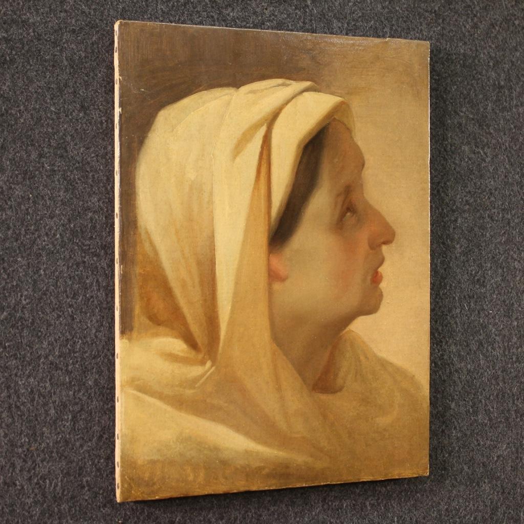 19th Century Oil on Paper Italian Antique Painting Woman Portrait, 1880 4