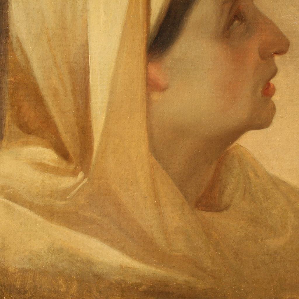 19th Century Oil on Paper Italian Antique Painting Woman Portrait, 1880 5