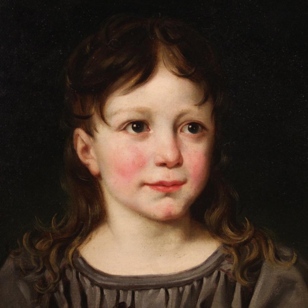 Painted 19th Century Oil on Paper Italian Young Girl Portrait Painting, 1880