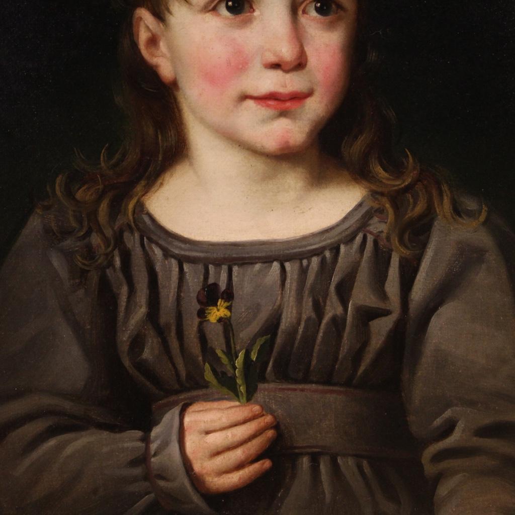 19th Century Oil on Paper Italian Young Girl Portrait Painting, 1880 In Good Condition In Vicoforte, Piedmont