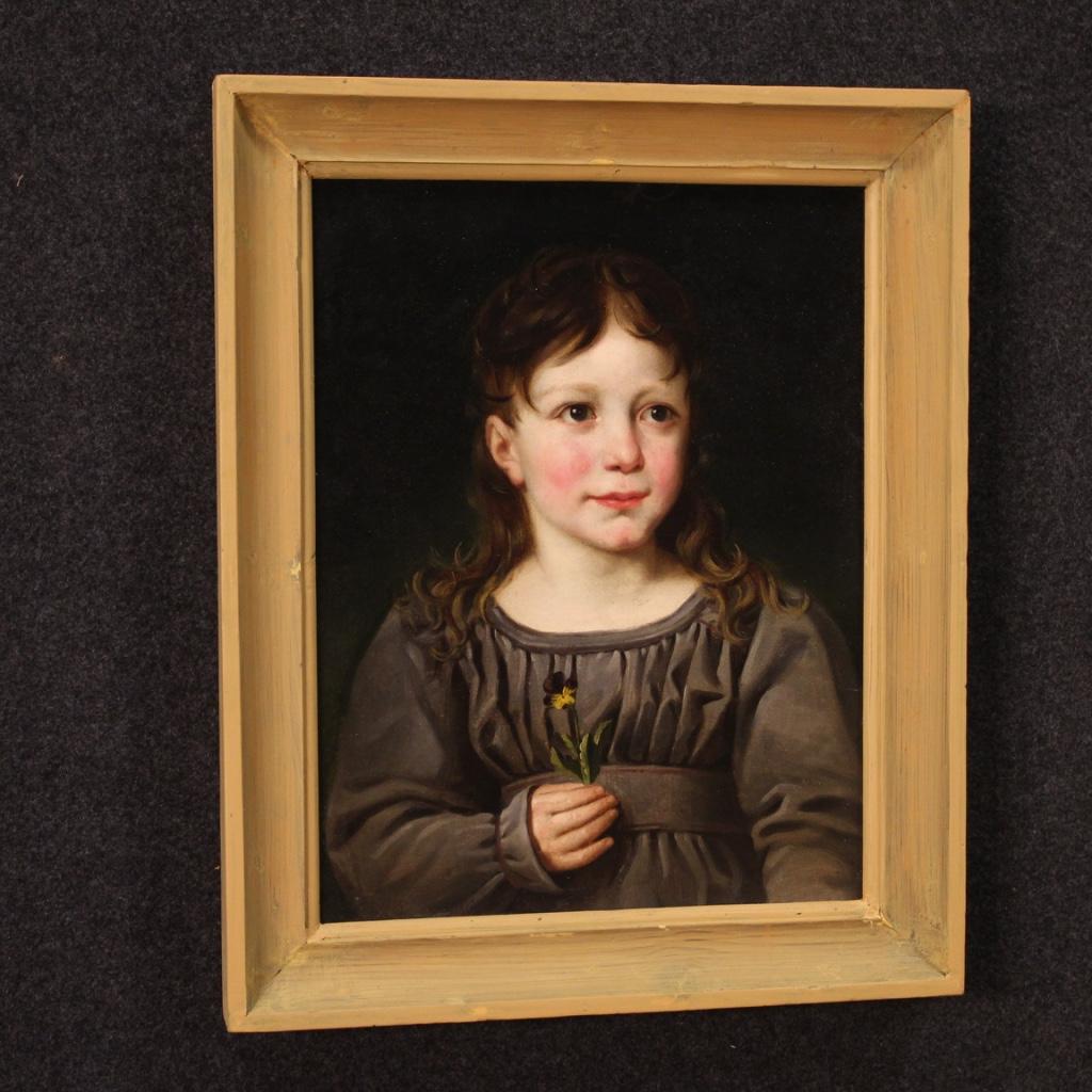 Wood 19th Century Oil on Paper Italian Young Girl Portrait Painting, 1880