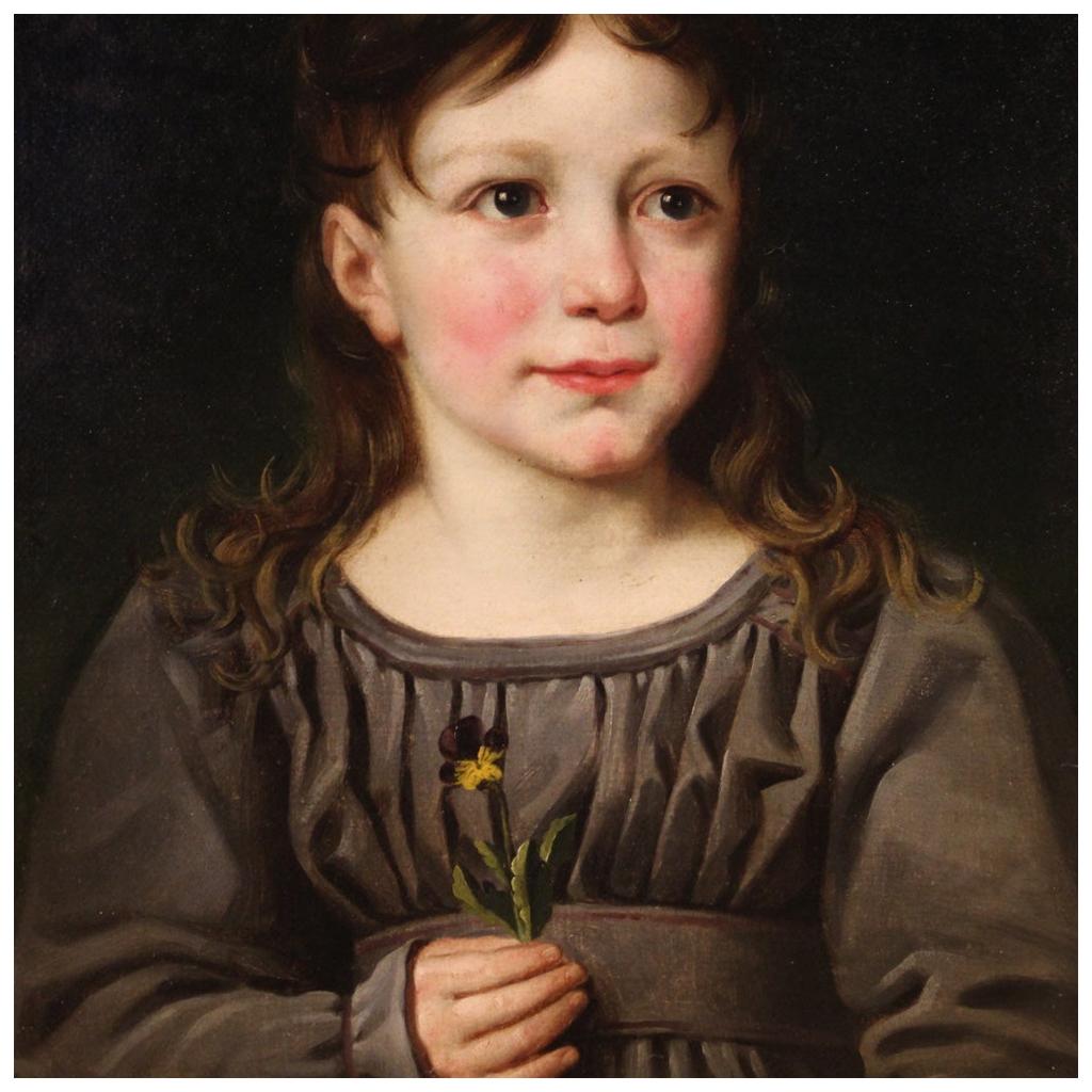 19th Century Oil on Paper Italian Young Girl Portrait Painting, 1880