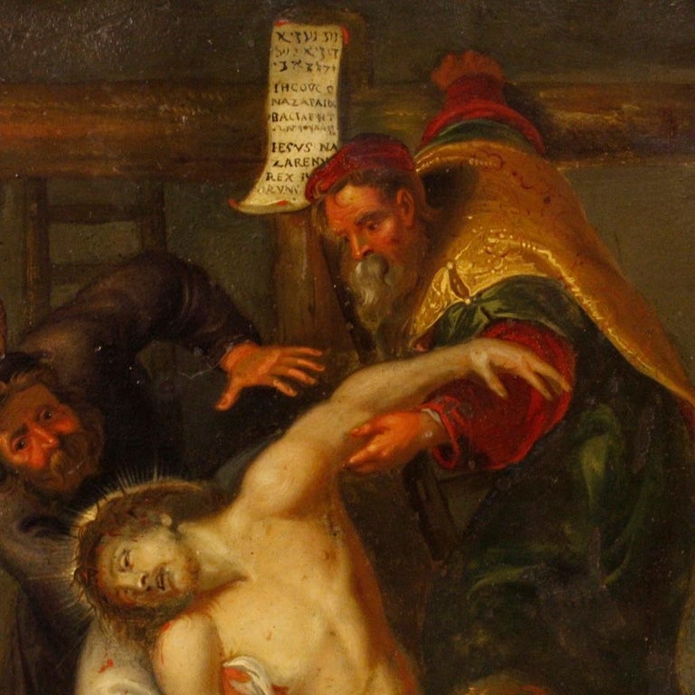 19th Century Oil on Sheet Antique Flemish Religious Painting Christ