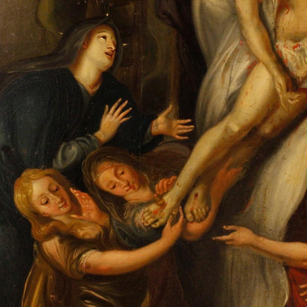 19th Century Oil on Sheet Antique Flemish Religious Painting Christ Deposition 4