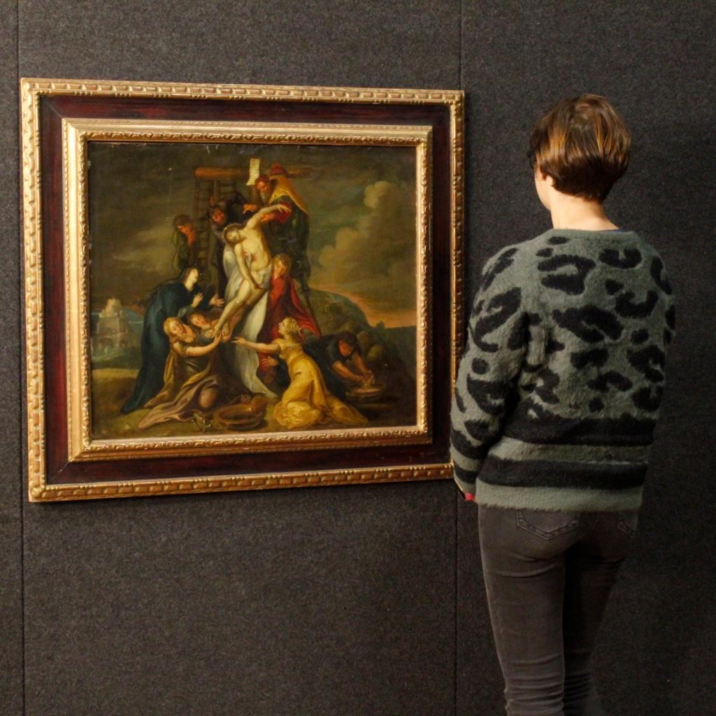 19th Century Oil on Sheet Antique Flemish Religious Painting Christ Deposition In Good Condition In Vicoforte, Piedmont