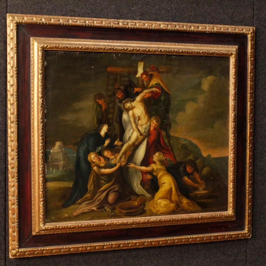 Late 19th Century 19th Century Oil on Sheet Antique Flemish Religious Painting Christ Deposition