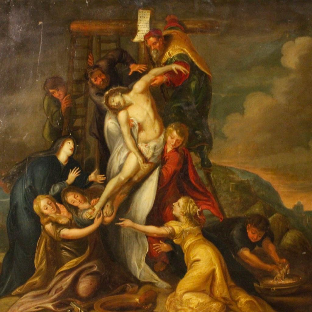 19th Century Oil on Sheet Antique Flemish Religious Painting Christ Deposition 1