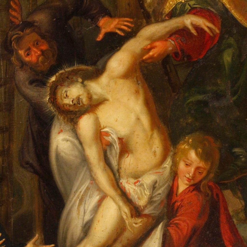 19th Century Oil on Sheet Antique Flemish Religious Painting Christ Deposition 2