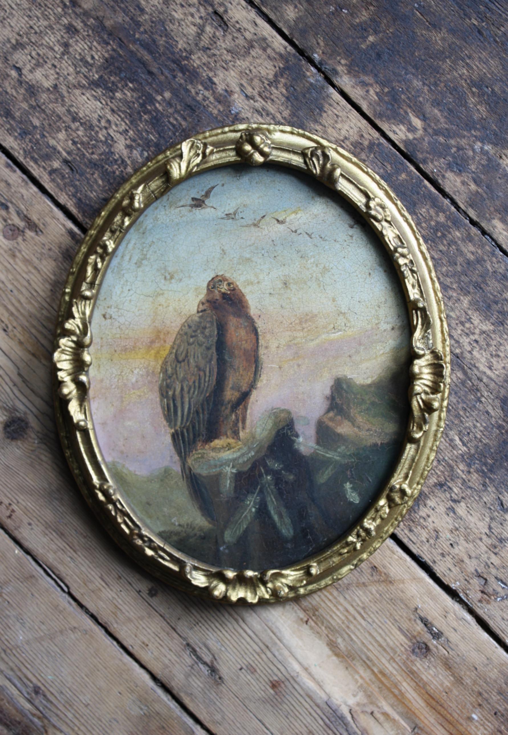Huile sur étain du 19e siècle Oiseau de prière aigle doré  en vente 3