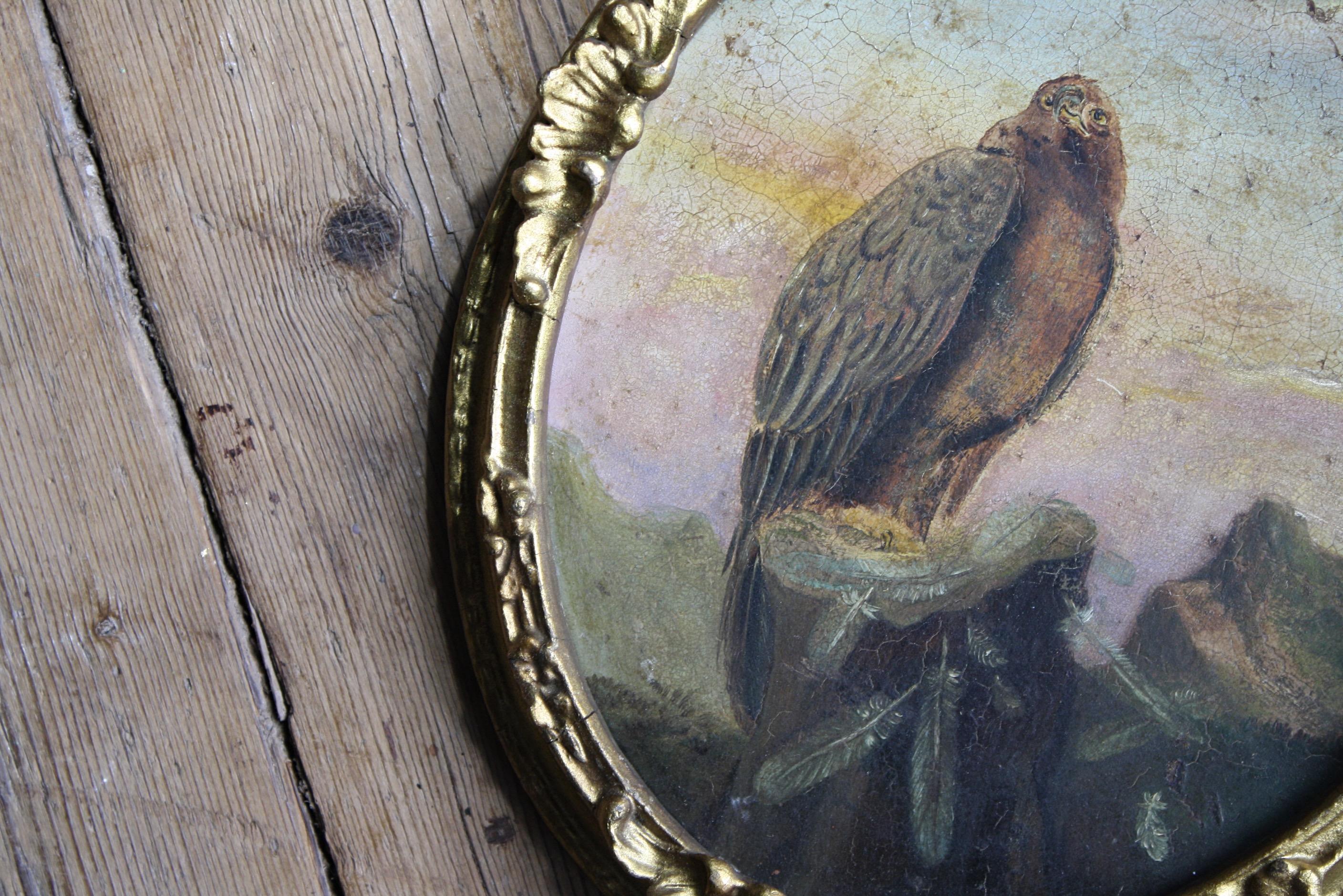 Huile sur étain du 19e siècle Oiseau de prière aigle doré  en vente 2