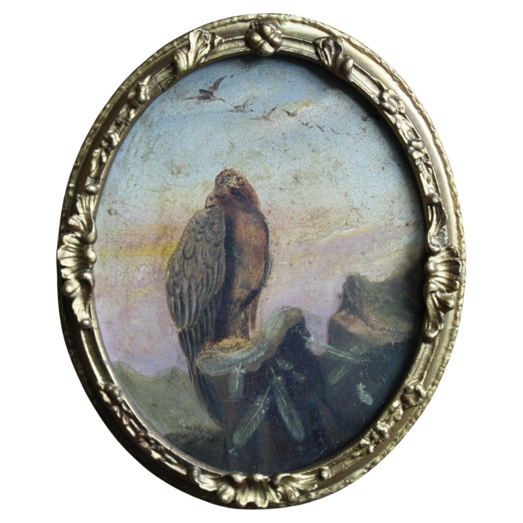 19th Century Oil On Tin Bird of Pray Golden Eagle