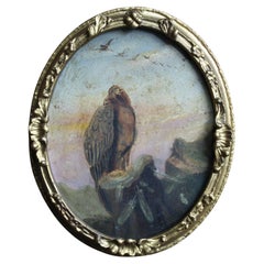 Antique 19th Century Oil On Tin Bird of Pray Golden Eagle 
