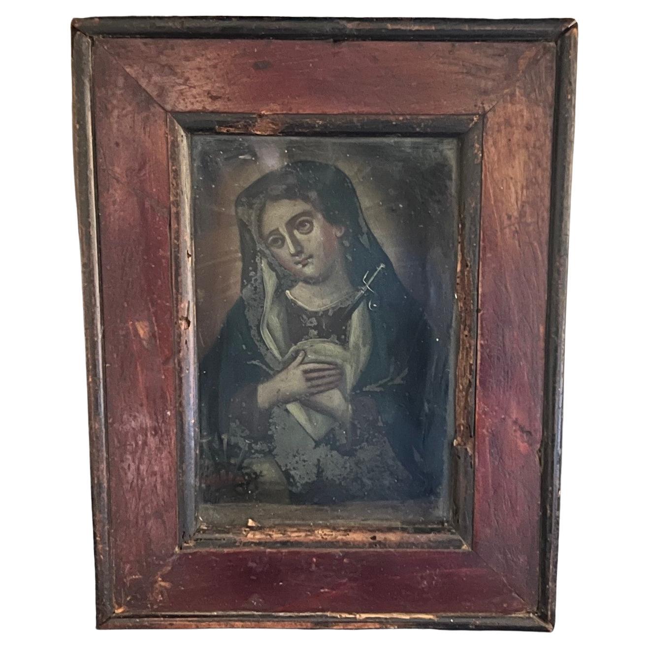 19th Century Oil on Tin / Retablo Set in Hand Made Frame