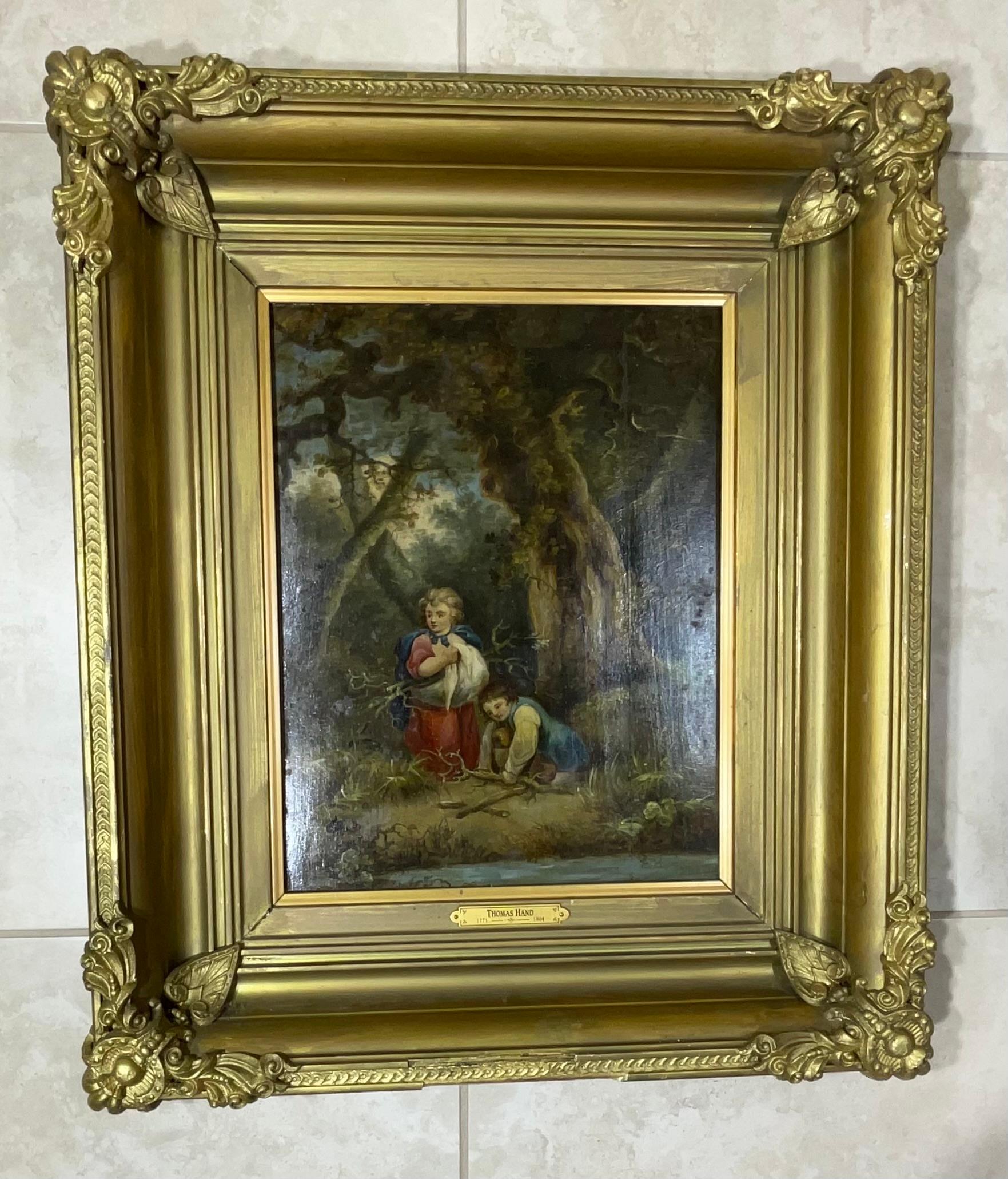 Hand-Painted 19th Century Oil on wood board by : Thomas hand  For Sale
