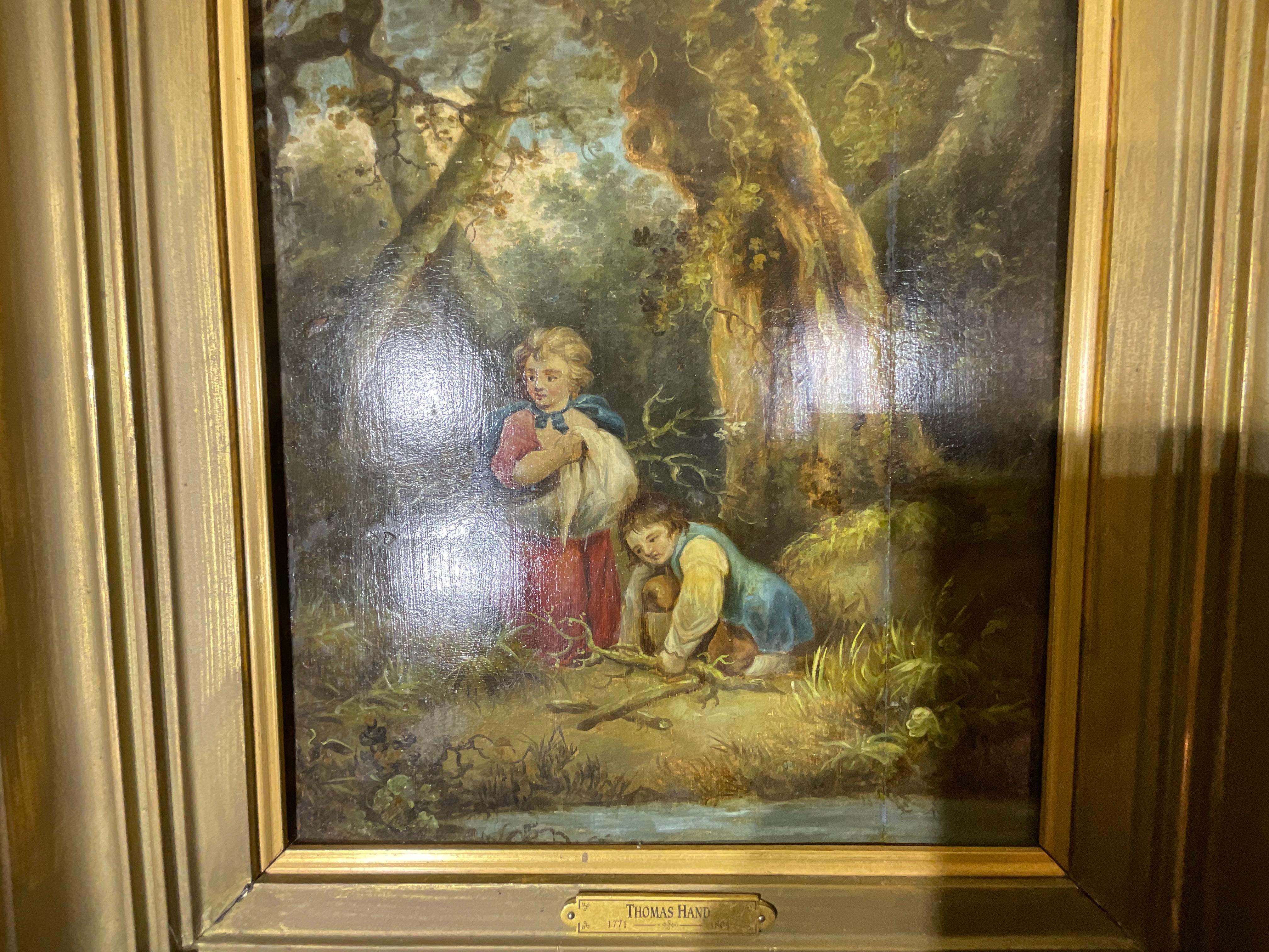 Wood 19th Century Oil on wood board by : Thomas hand  For Sale