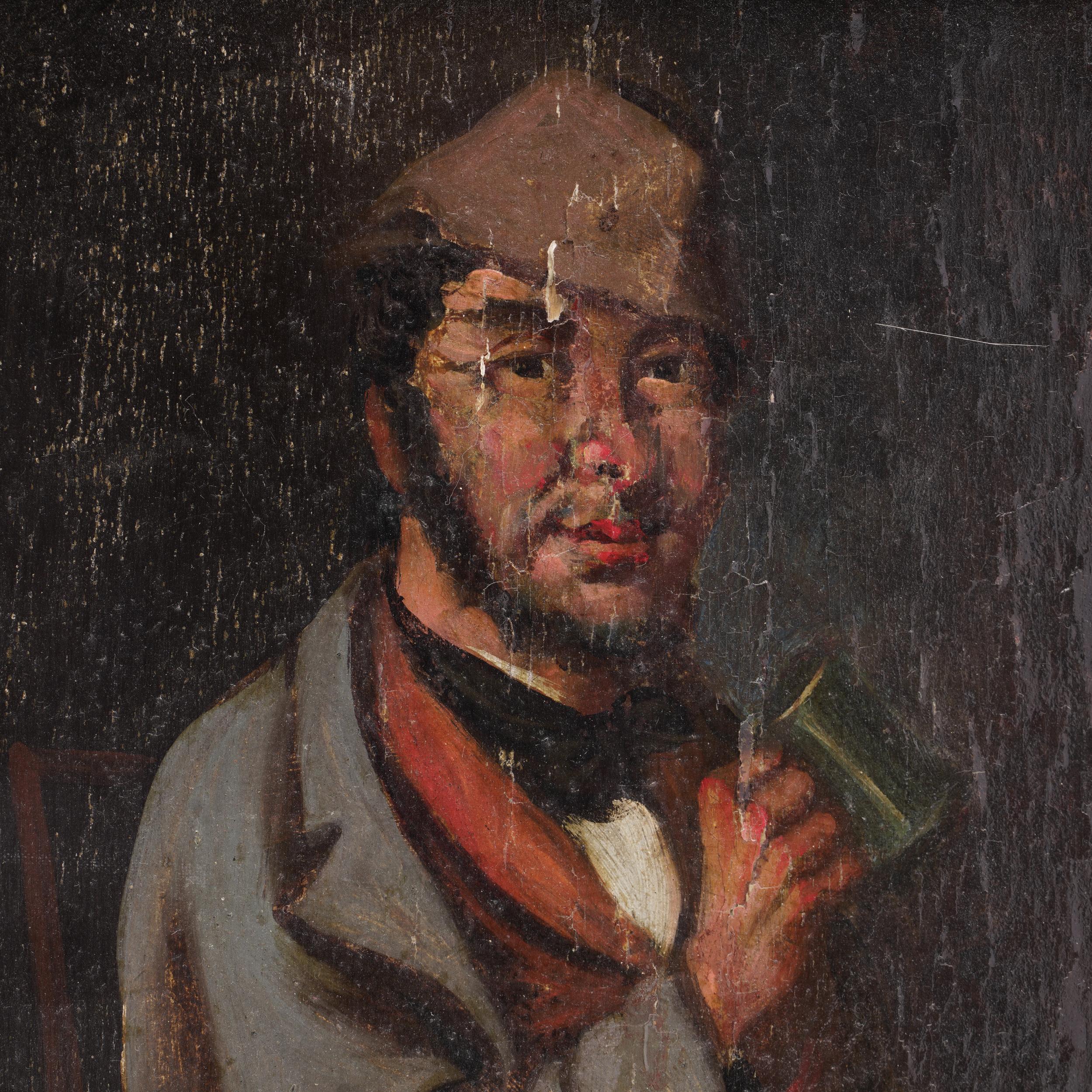 European 19th-century oil on wood panel painting featuring a man drinking in a tavern For Sale