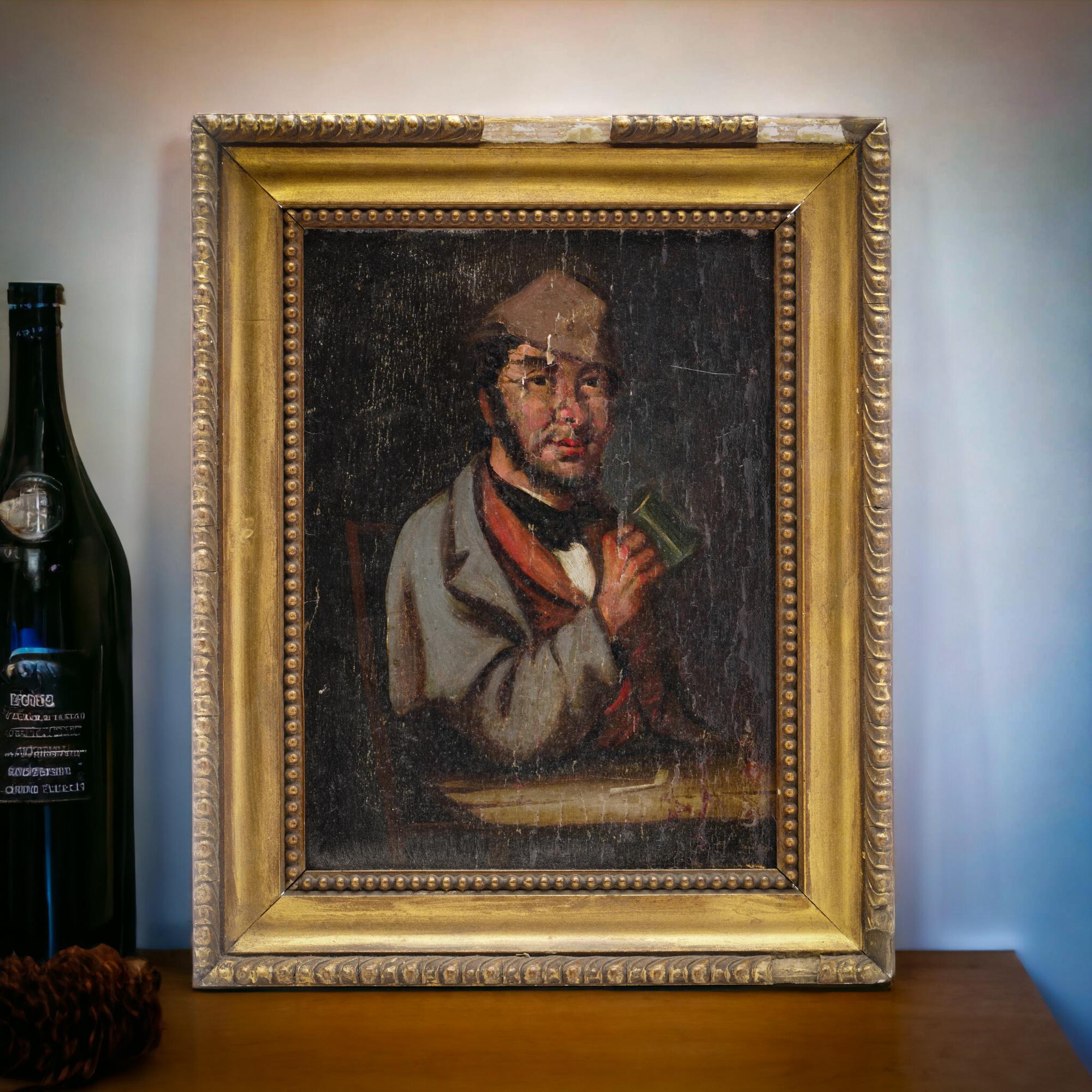 19th-century oil on wood panel painting featuring a man in a tavern.

This oil painting, delicately rendered on a wooden panel, captures a captivating scene from the 19th century.
The wood panel is framed in a resplendent gilded frame, although it