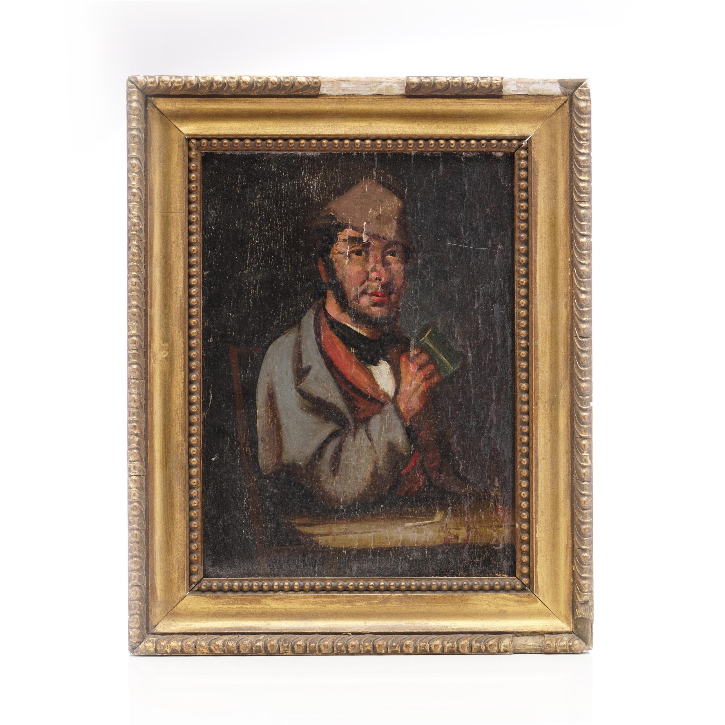 Oiled 19th-century oil on wood panel painting featuring a man drinking in a tavern For Sale