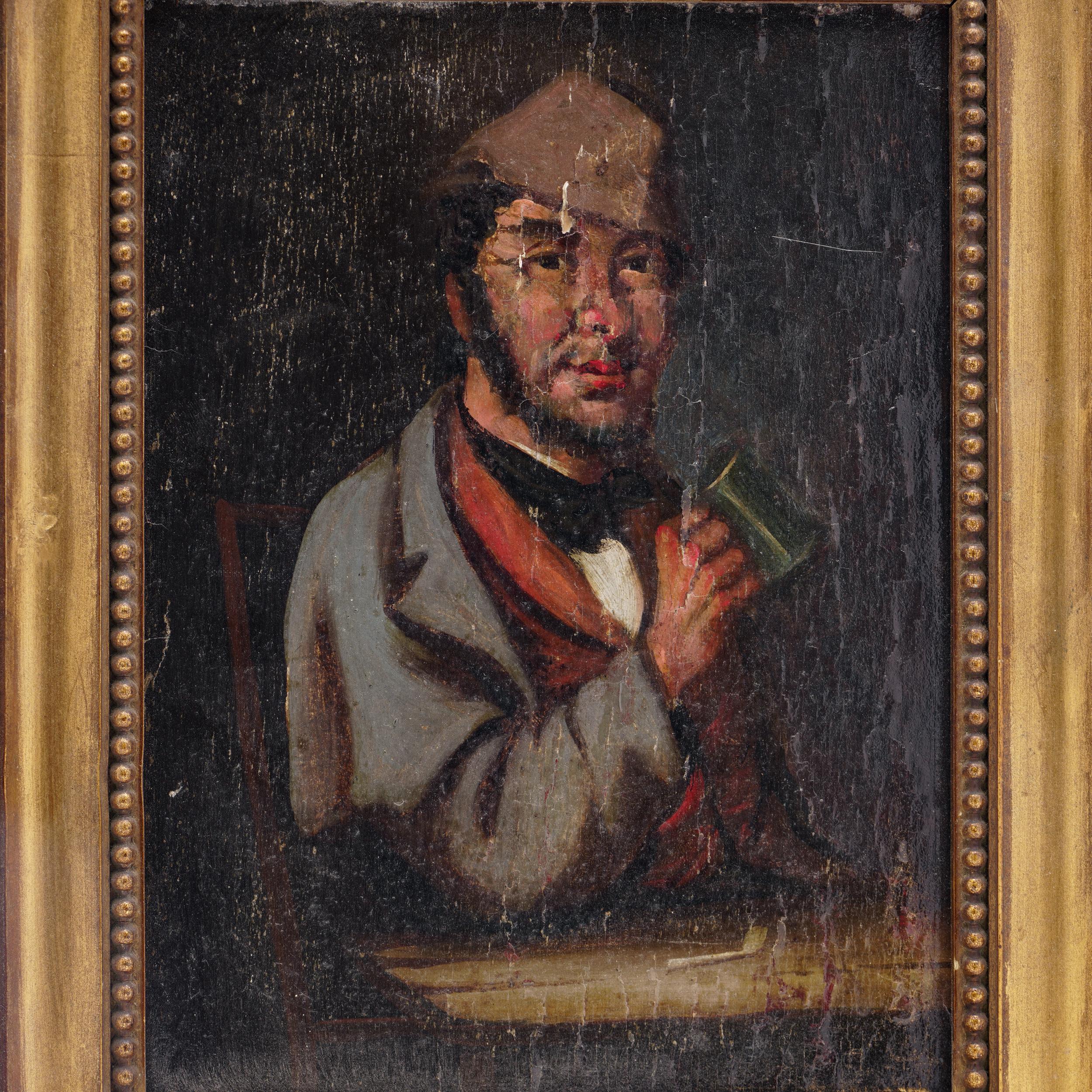 19th-century oil on wood panel painting featuring a man drinking in a tavern In Good Condition For Sale In Braintree, GB