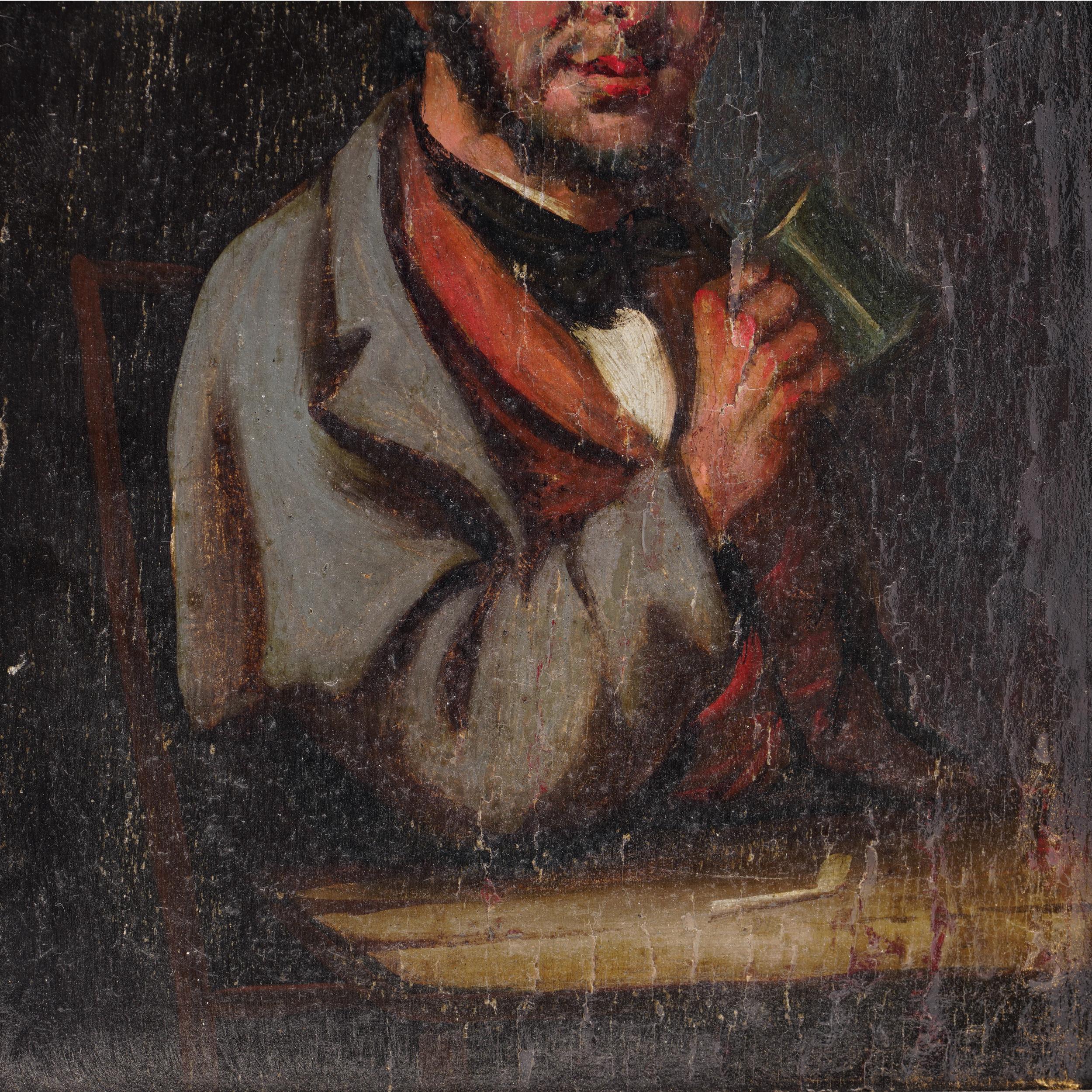 19th Century 19th-century oil on wood panel painting featuring a man drinking in a tavern For Sale