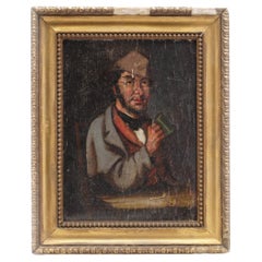 Antique 19th-century oil on wood panel painting featuring a man drinking in a tavern