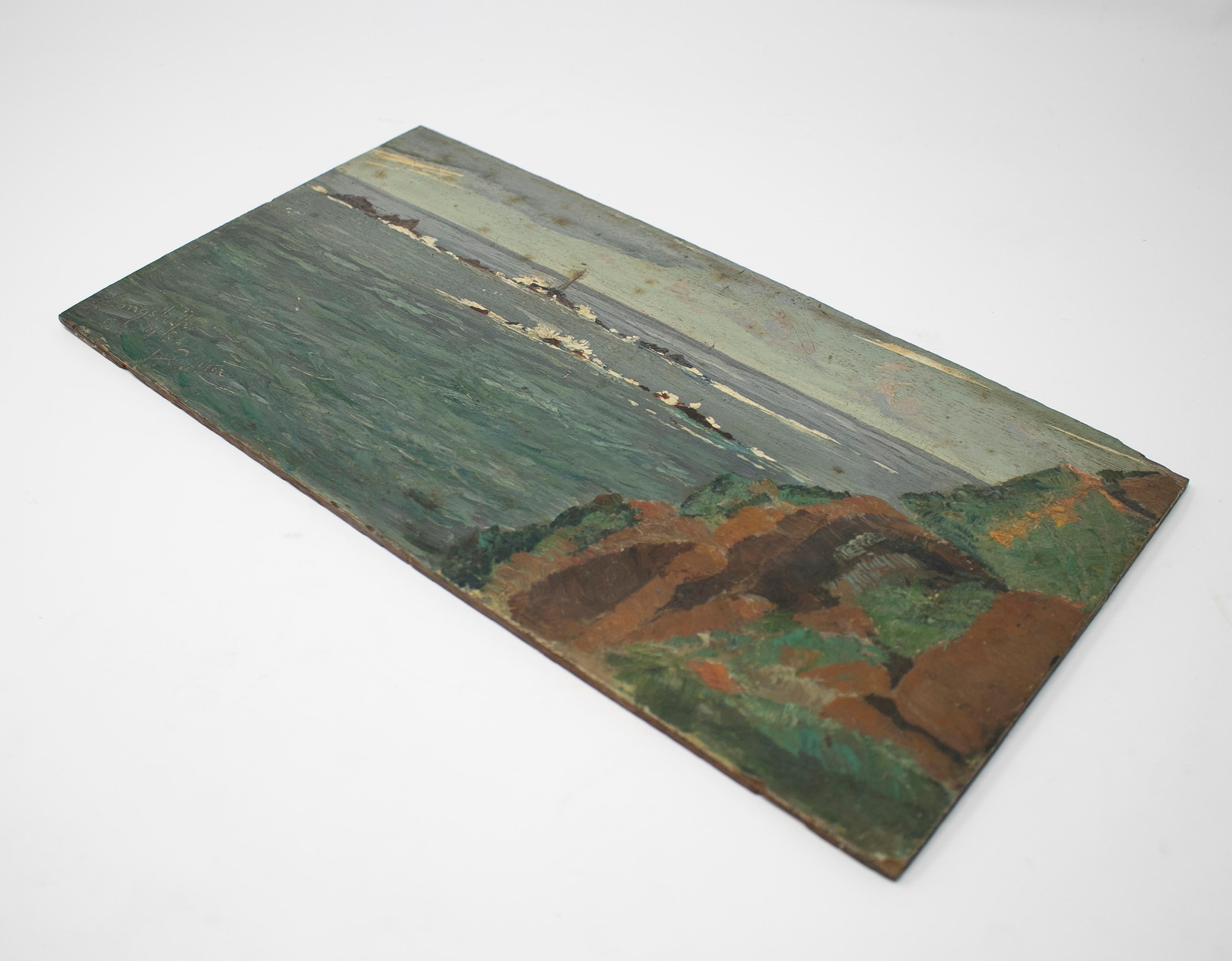 peinture de paysage marin à l'huile sur bois du 19ème siècle. 

Signé.