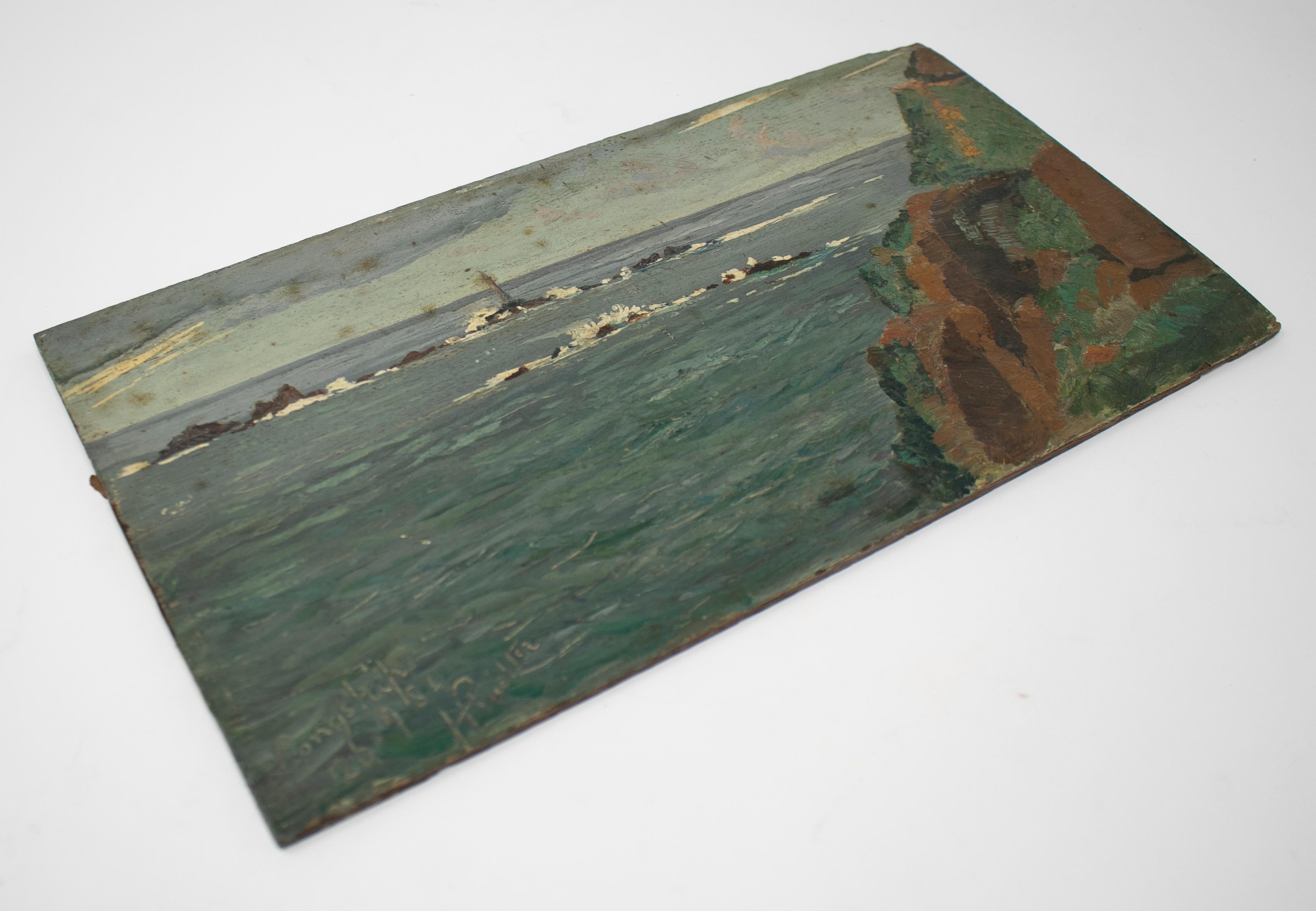 Européen huile sur bois du 19ème siècle - Peinture de paysage de mer en vente