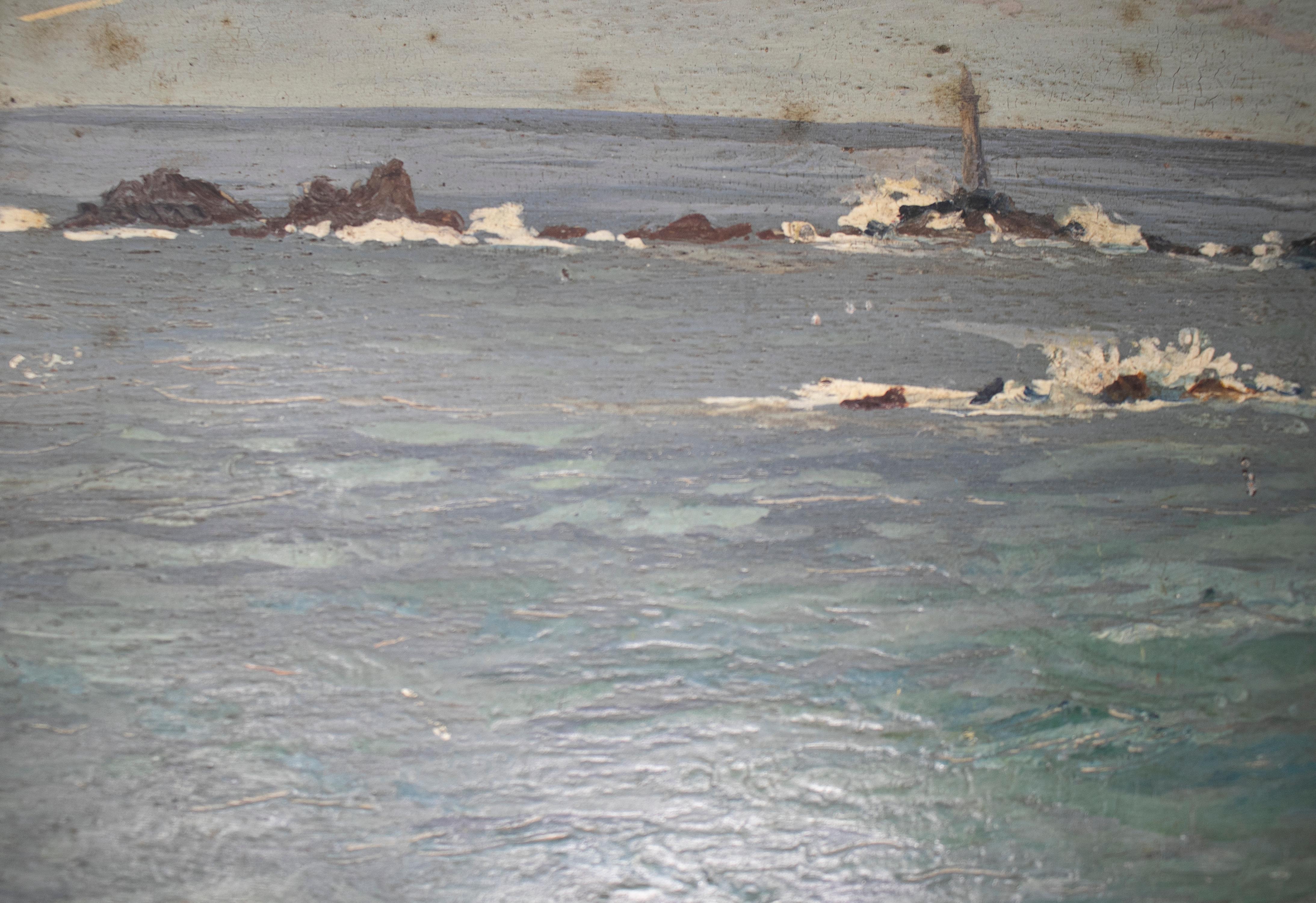 Bois huile sur bois du 19ème siècle - Peinture de paysage de mer en vente