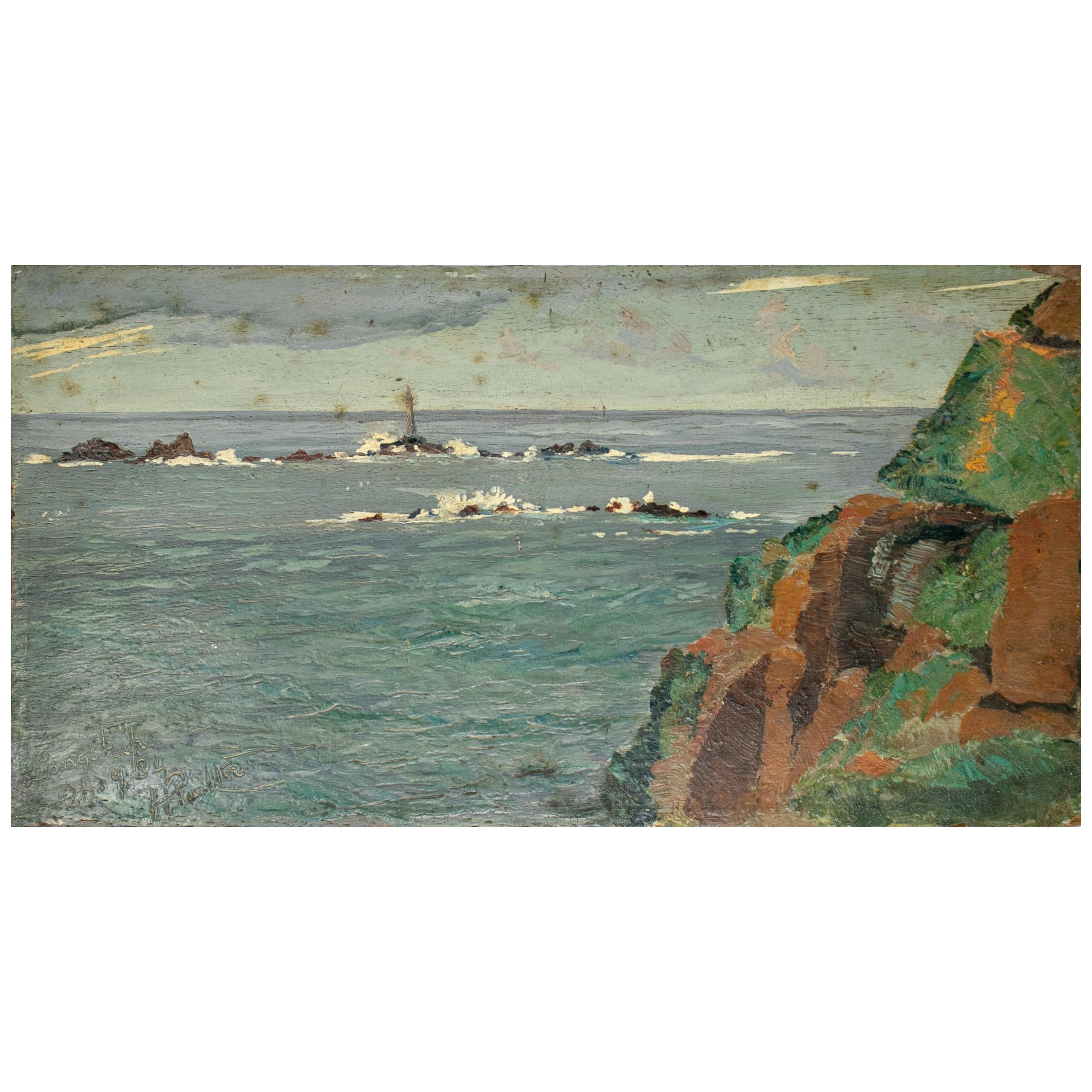 huile sur bois du 19ème siècle - Peinture de paysage de mer en vente