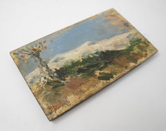 19th Century Oil on Wood Signed Mountain Scenery Painting