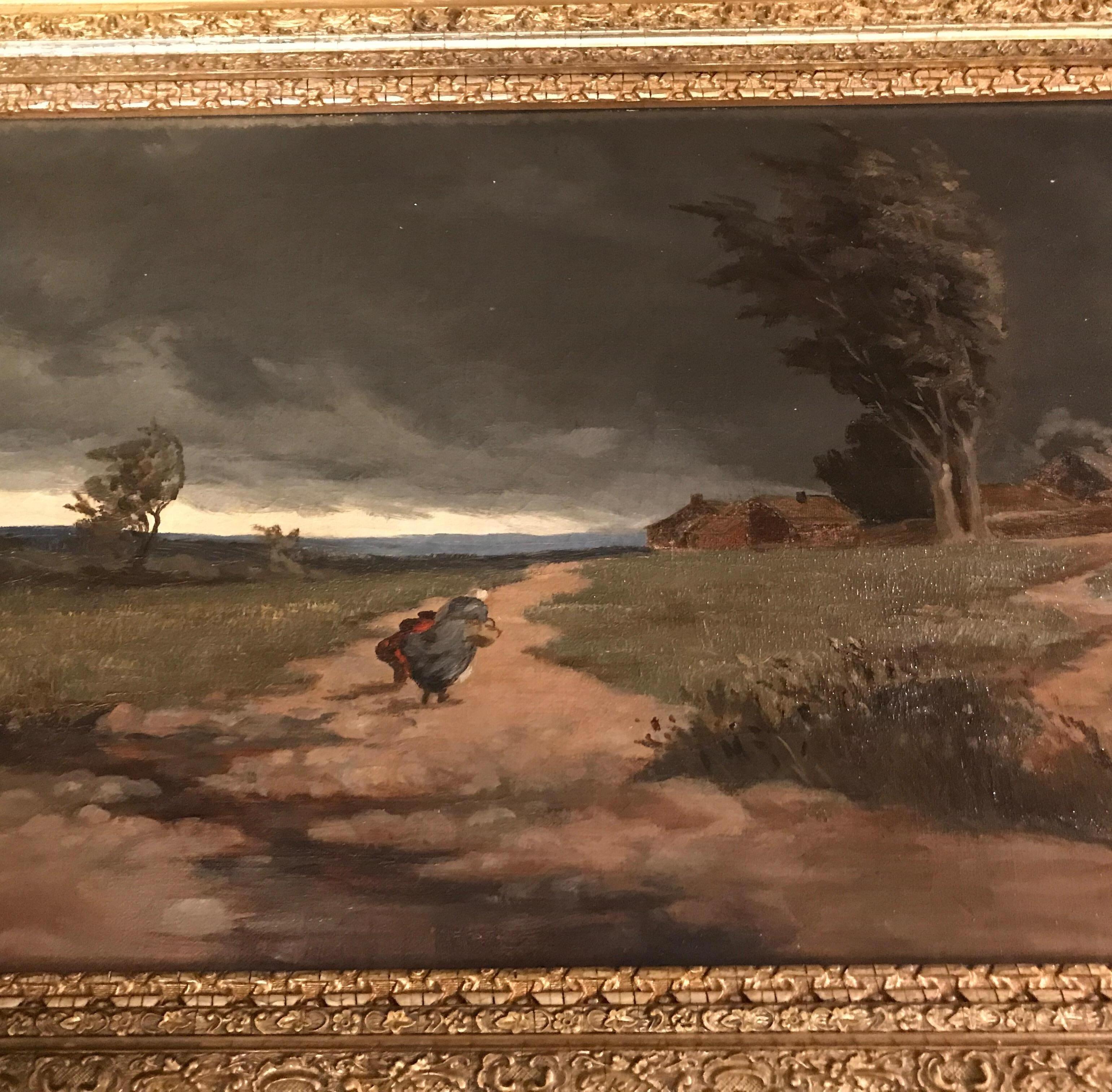 19th Century Oil Painting ”Approaching Storm” Signed B. Condit Original Frame In Good Condition In Lambertville, NJ